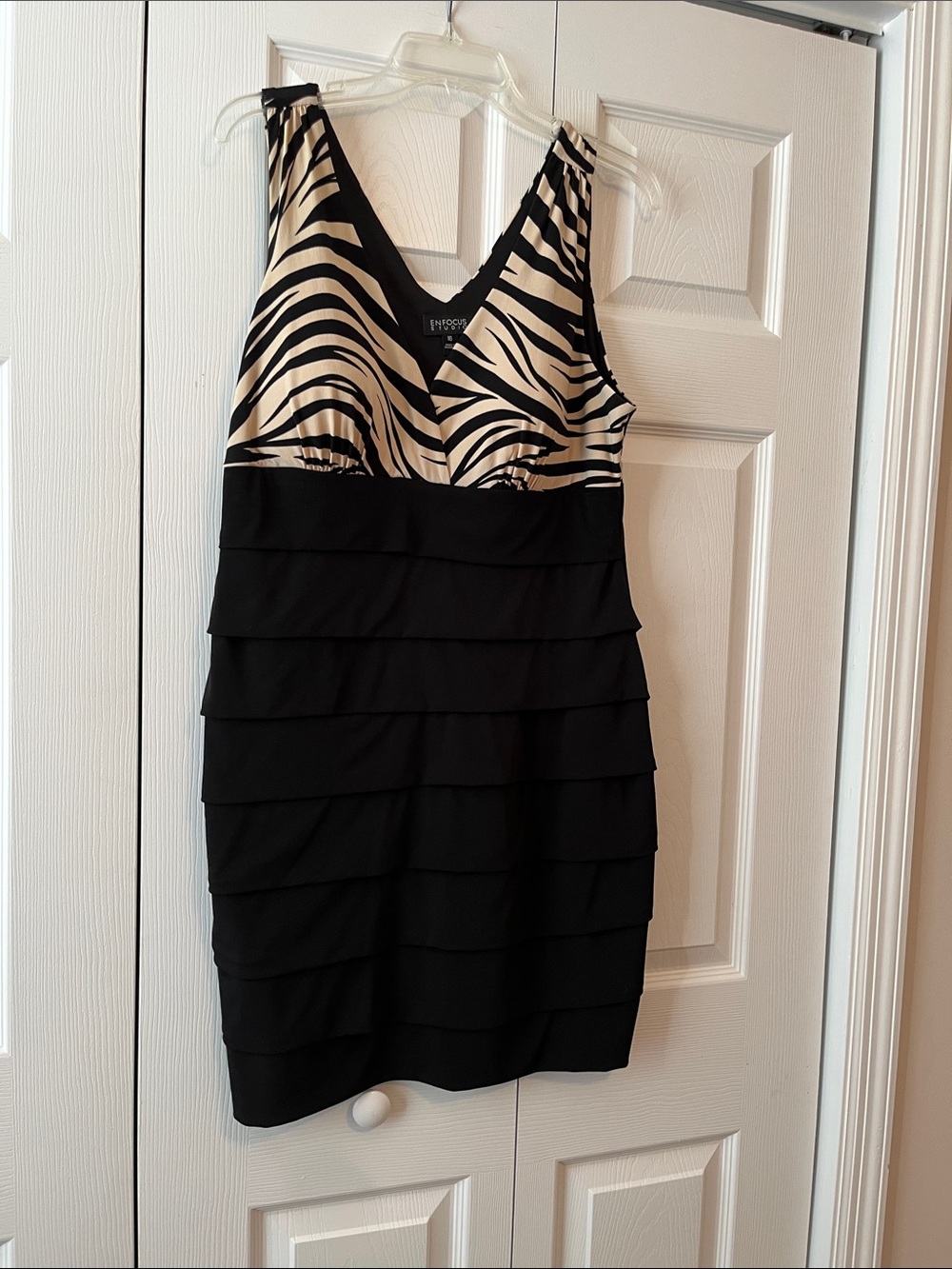 Enfocus Studio Beige and Black Zebra-Print V-Neck Tiered Mini Dress